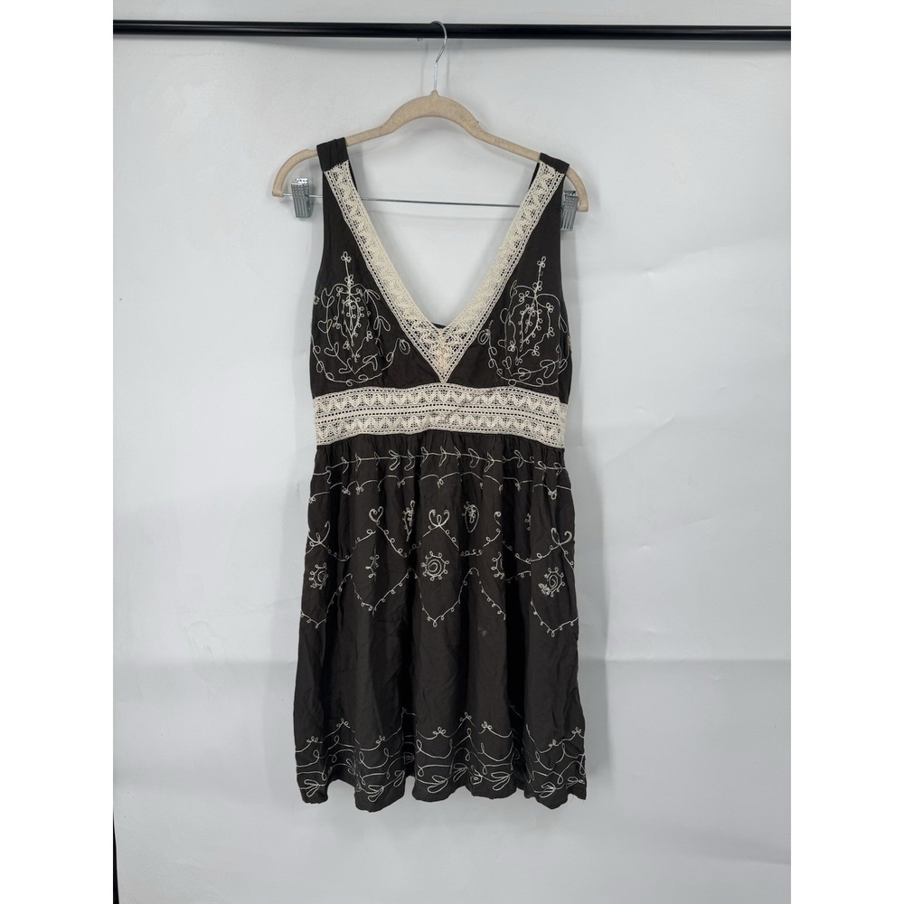 Mlle‎ Gabrielle Y2K Embroidered Mini Dress Women L Brown Romantic Cottagecore